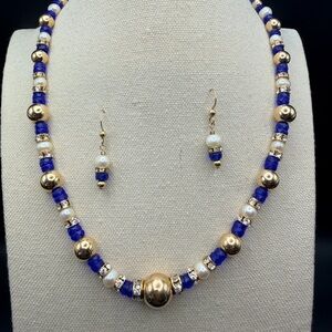 Cobalt Blue Glass & Genuine Pearl Necklace Set w/ Earrings | Rhinestone/gold Acc